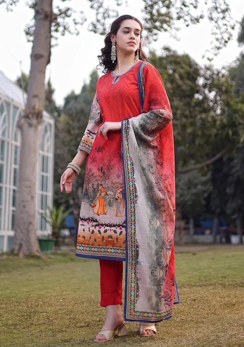 Red Motif Cotton Kurta Dupatta Set - Indya