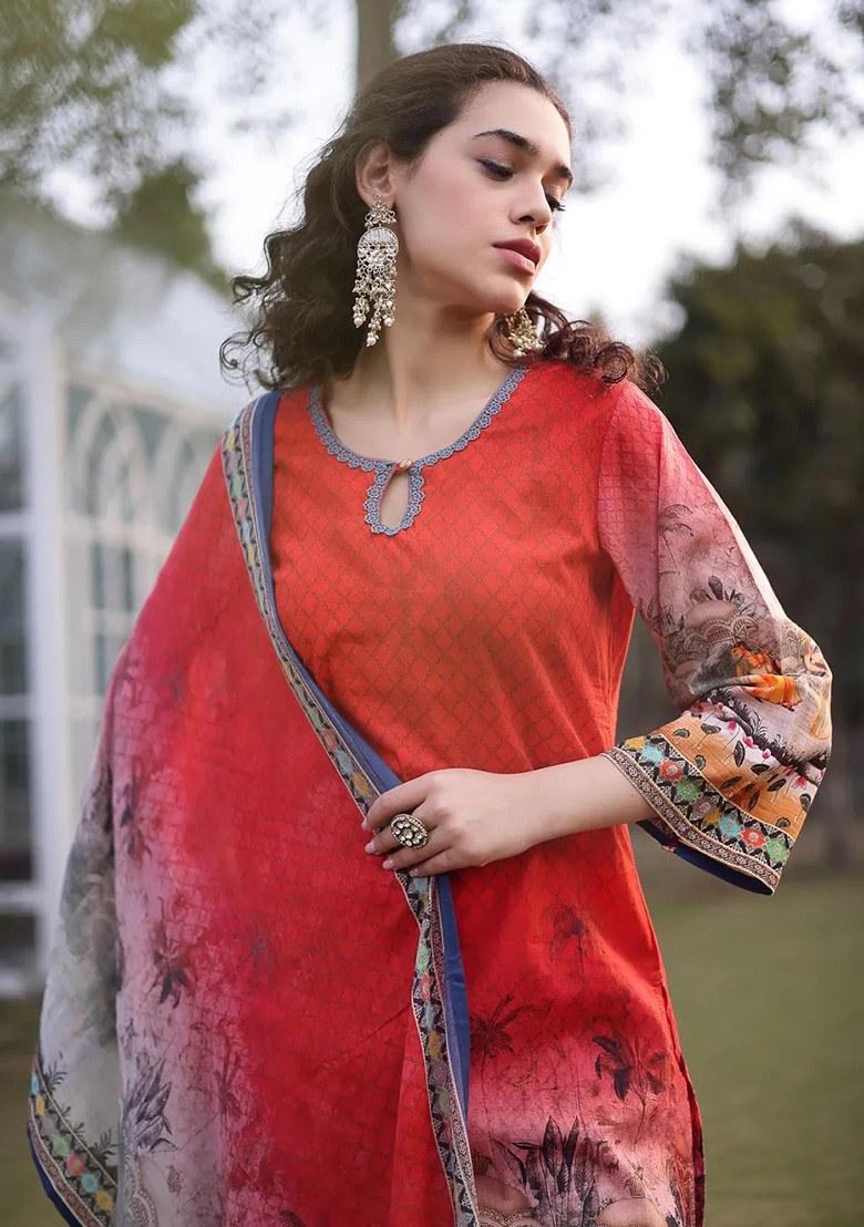 Red Motif Cotton Kurta Dupatta Set - Indya