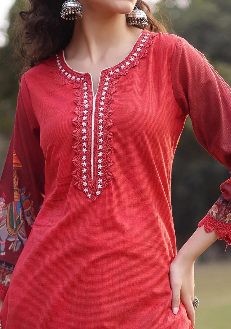 Red Motif Cotton Kurta Dupatta Set - Indya
