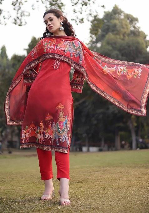 Red Motif Cotton Kurta Dupatta Set