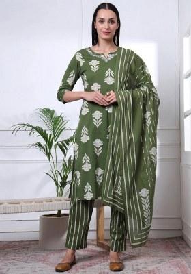 Green Floral Print Cotton Kurta Dupatta Set