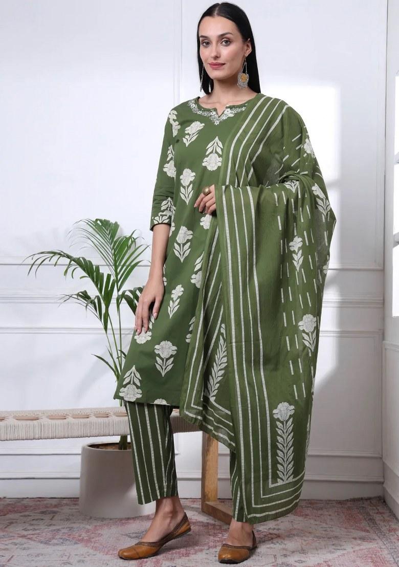 Green Floral Print Cotton Kurta Dupatta Set - Indya