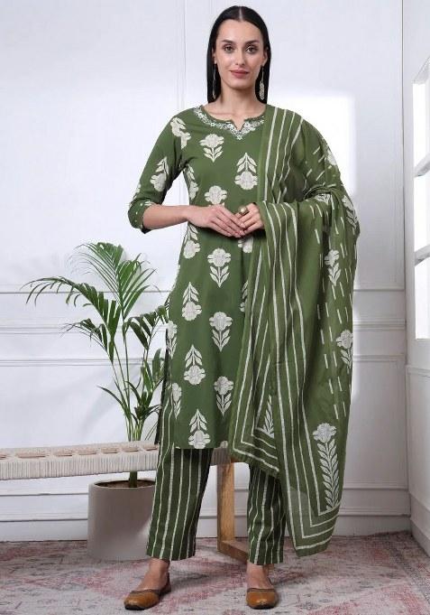 Green Floral Print Cotton Kurta Dupatta Set
