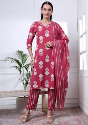 Pink Floral Print Cotton Kurta Dupatta Set