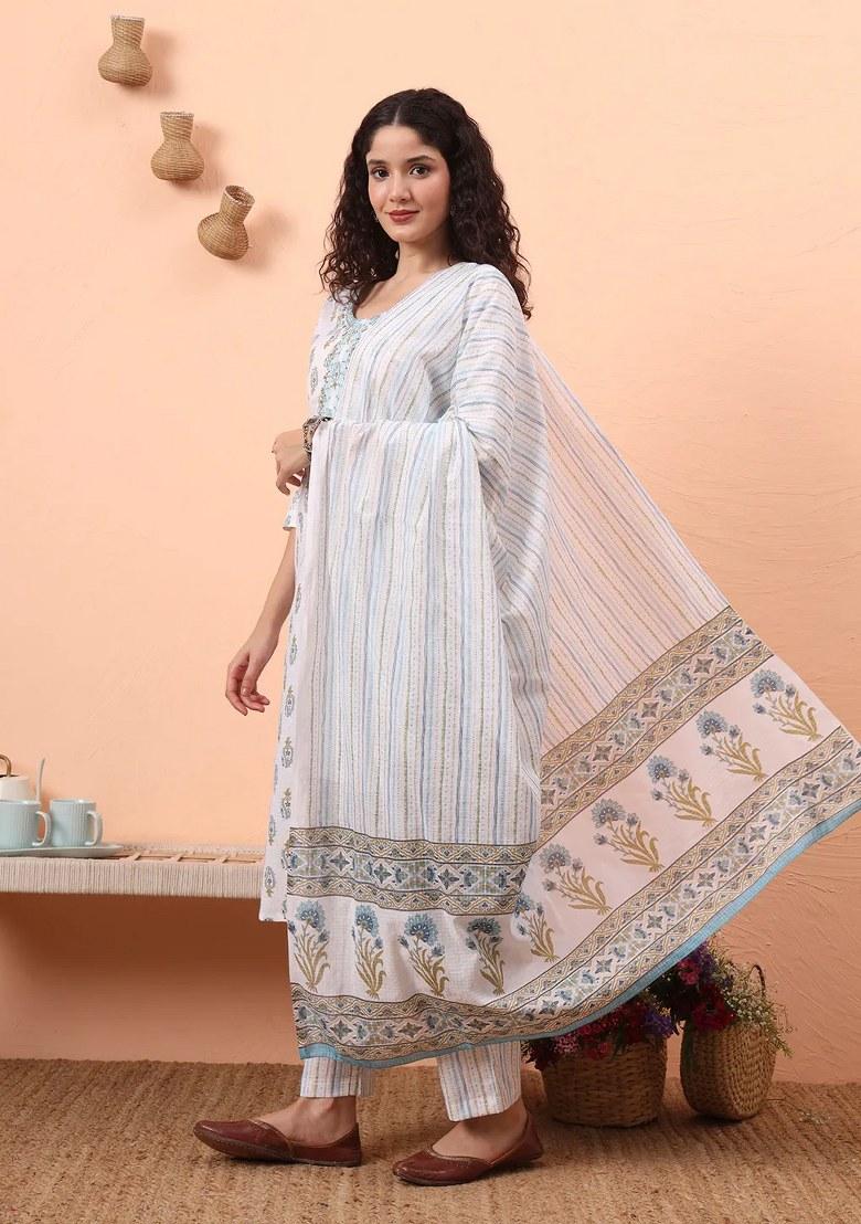 Blue Motif Cotton Kurta Dupatta Set - Indya