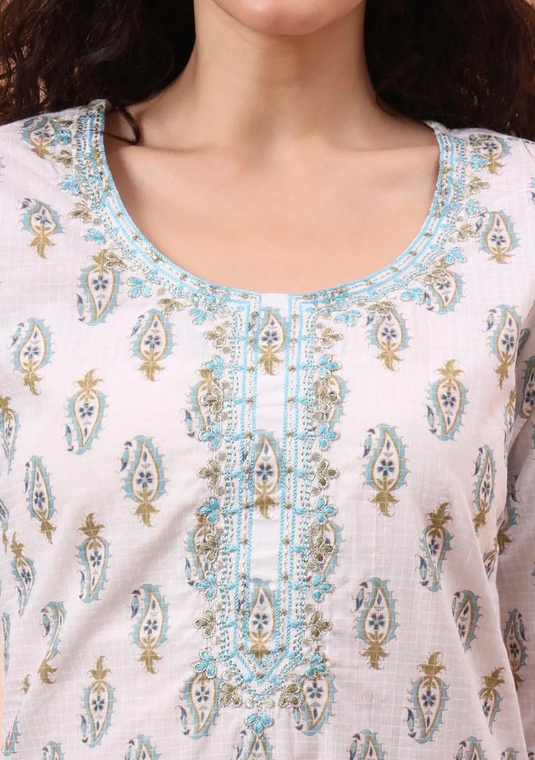 Blue Motif Cotton Kurta Dupatta Set - Indya