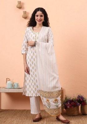 Yellow Motif Cotton Kurta Dupatta Set