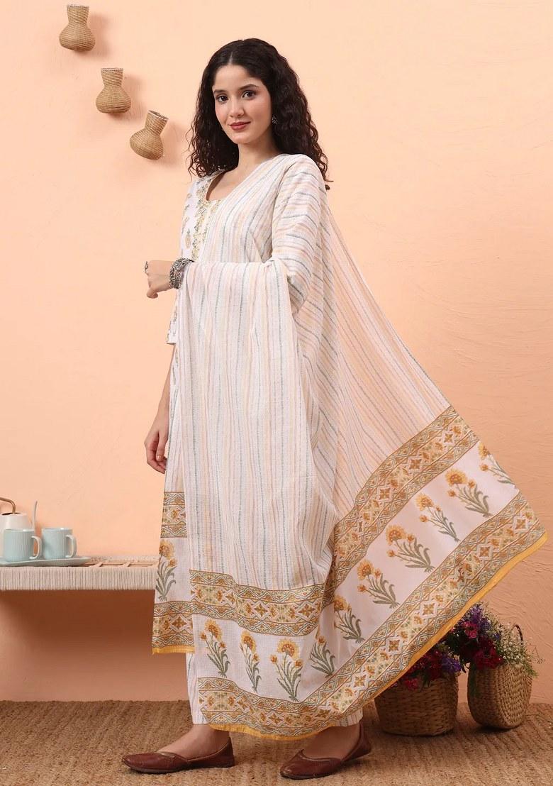 Yellow Motif Cotton Kurta Dupatta Set - Indya