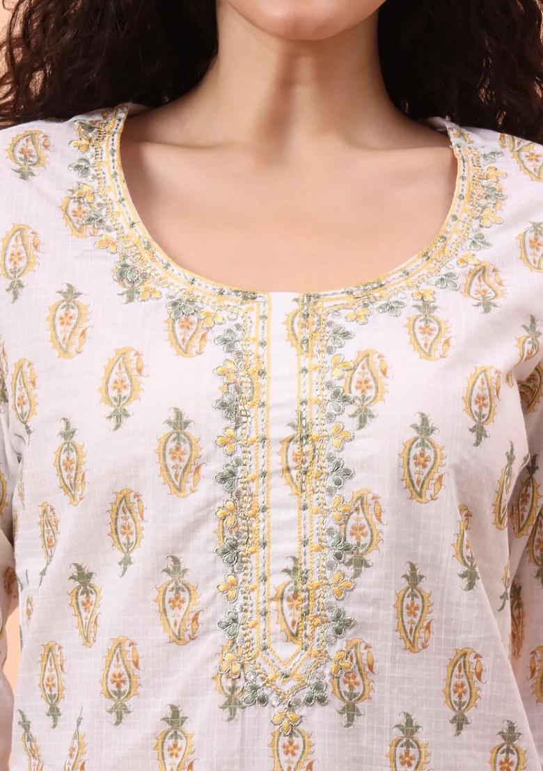 Yellow Motif Cotton Kurta Dupatta Set - Indya