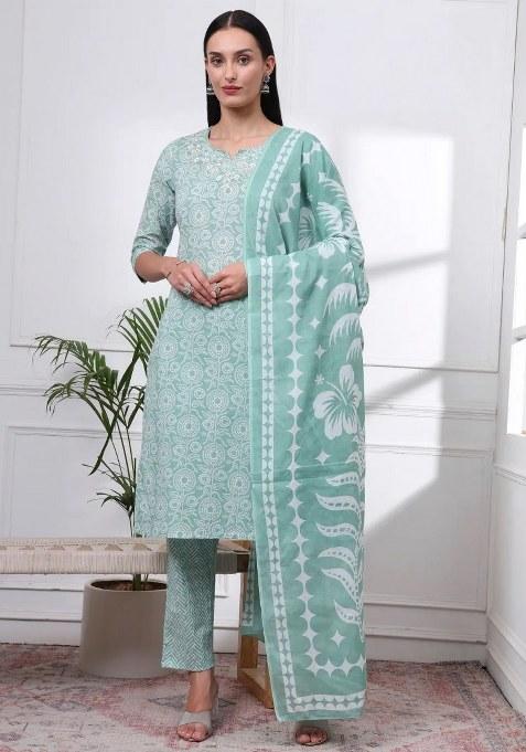 Yellow Motif Cotton Kurta Dupatta Set