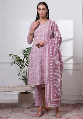 Pink Motif Cotton Kurta Dupatta Set