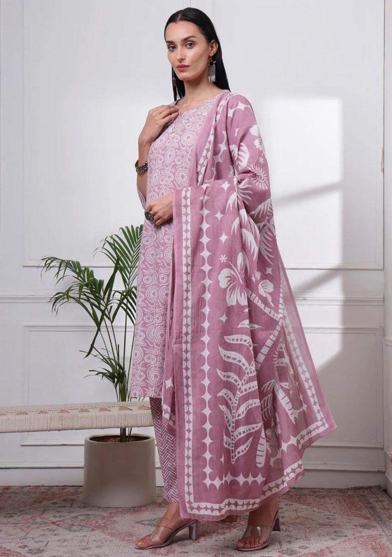 Pink Motif Cotton Kurta Dupatta Set - Indya
