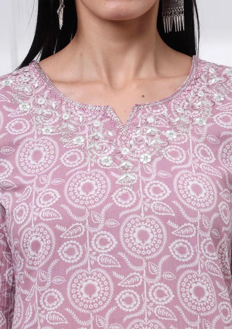Pink Motif Cotton Kurta Dupatta Set - Indya