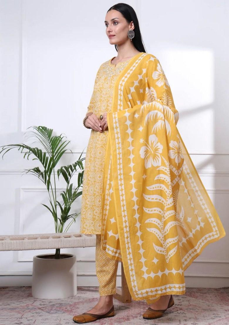 Yellow Motif Cotton Kurta Dupatta Set - Indya