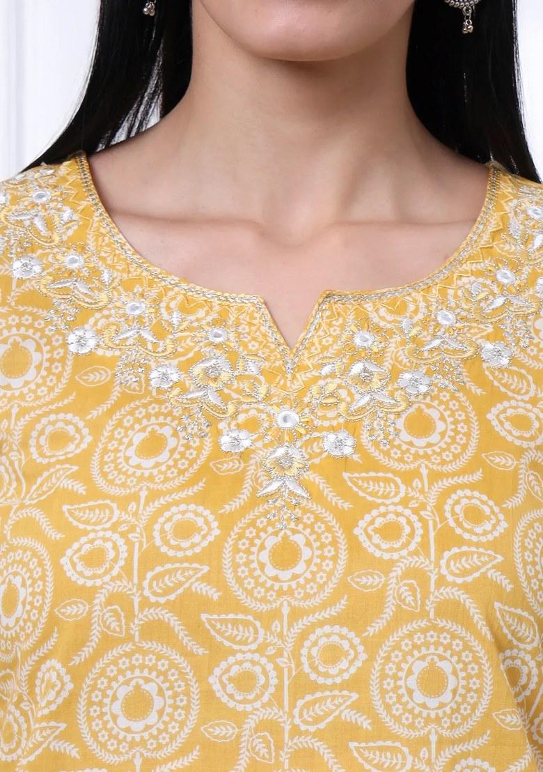 Yellow Motif Cotton Kurta Dupatta Set - Indya