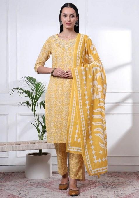 Yellow Motif Cotton Kurta Dupatta Set