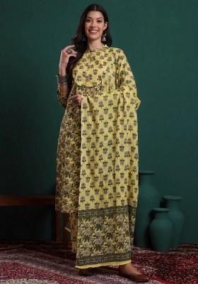 Yellow Printed Cotton Kurta Dupatta Set