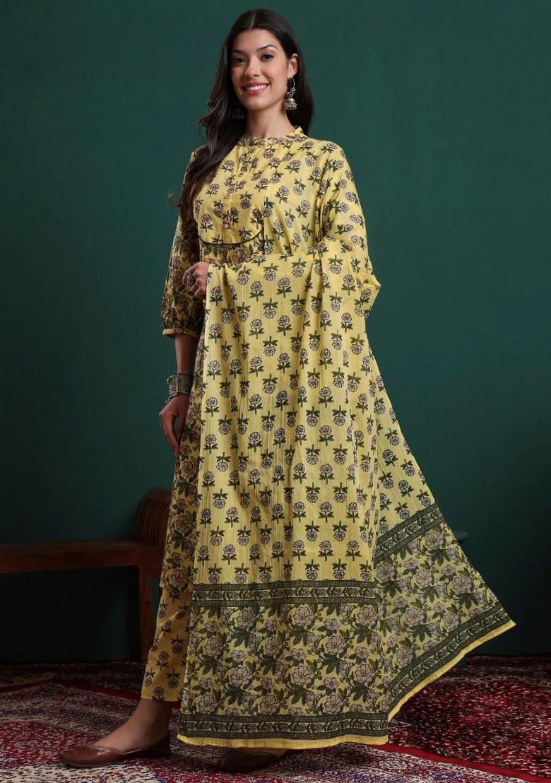 Yellow Printed Cotton Kurta Dupatta Set - Indya