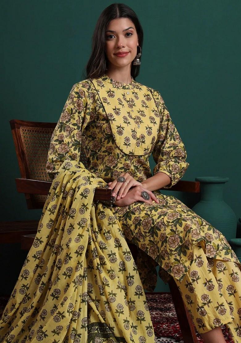 Yellow Printed Cotton Kurta Dupatta Set - Indya