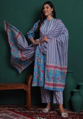 Blue Printed Cotton Kurta Dupatta Set