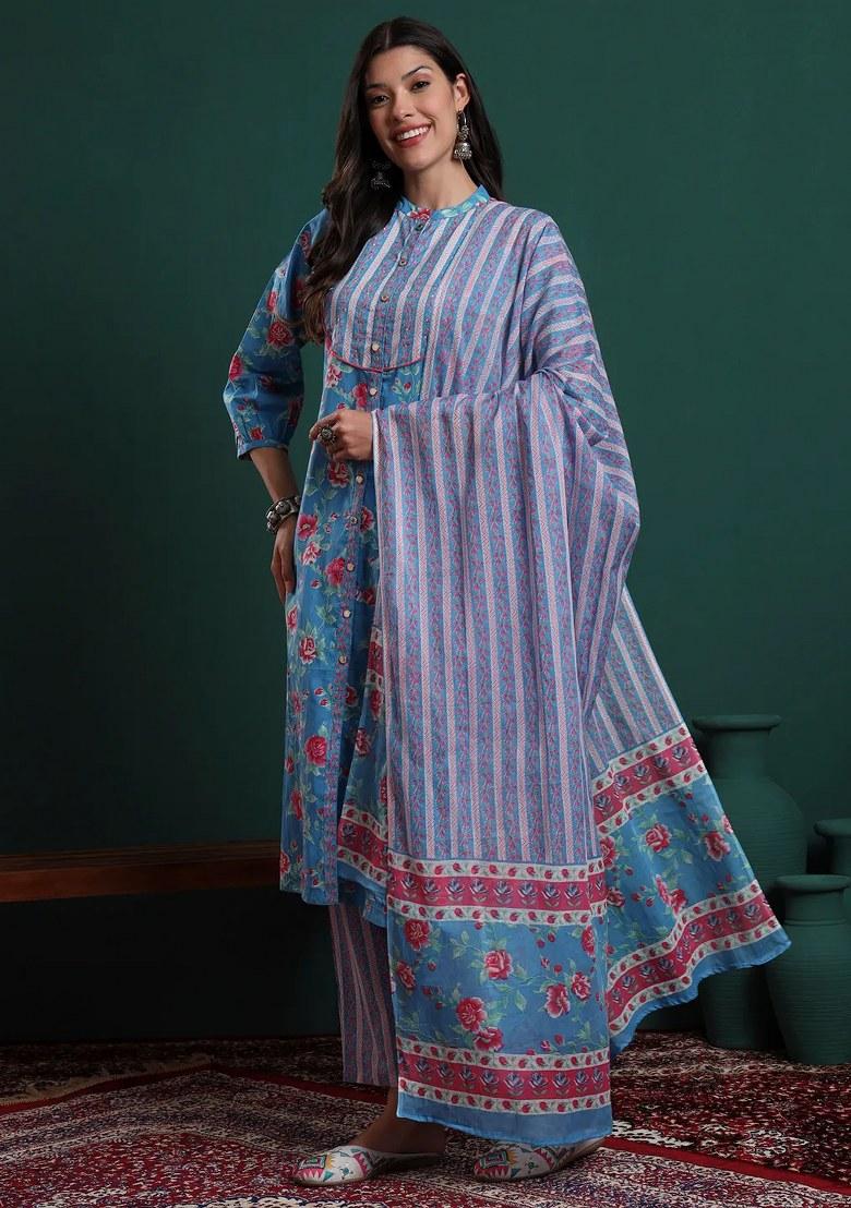 Blue Printed Cotton Kurta Dupatta Set - Indya