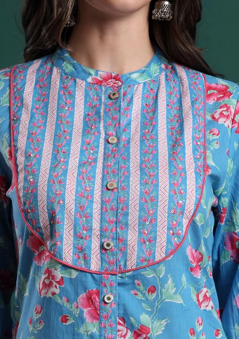 Blue Printed Cotton Kurta Dupatta Set - Indya