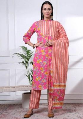 Pink Floral Print Cotton Kurta Dupatta Set