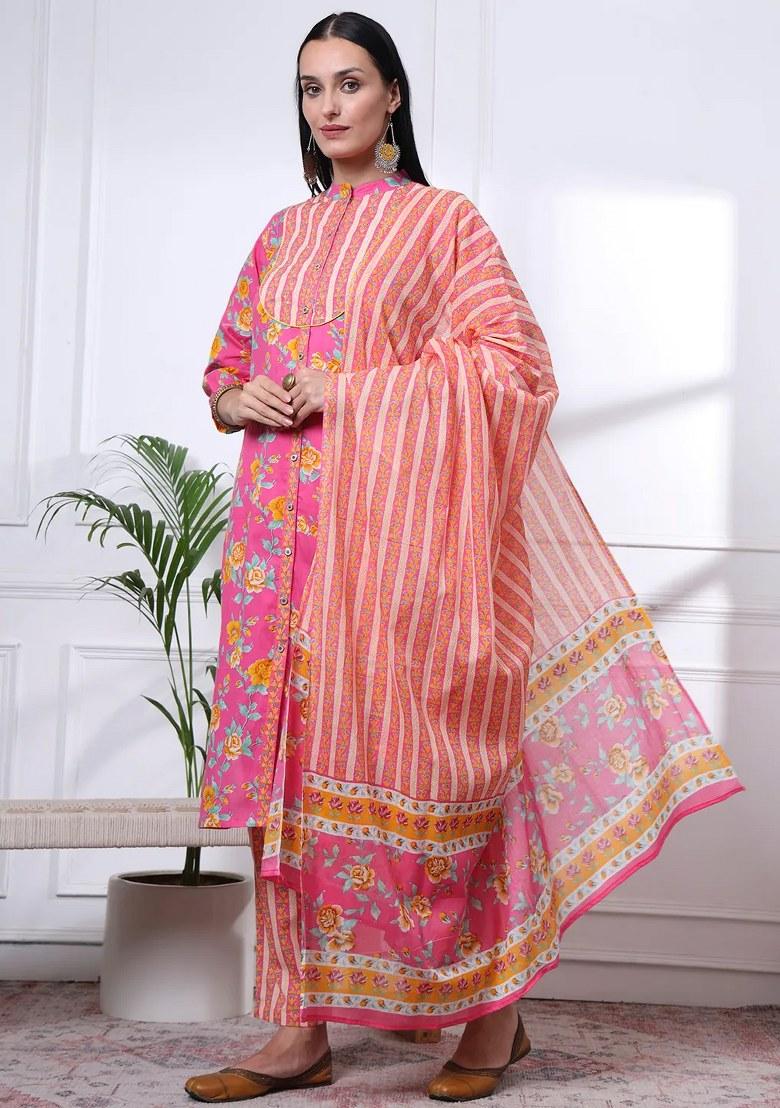 Pink Floral Print Cotton Kurta Dupatta Set - Indya