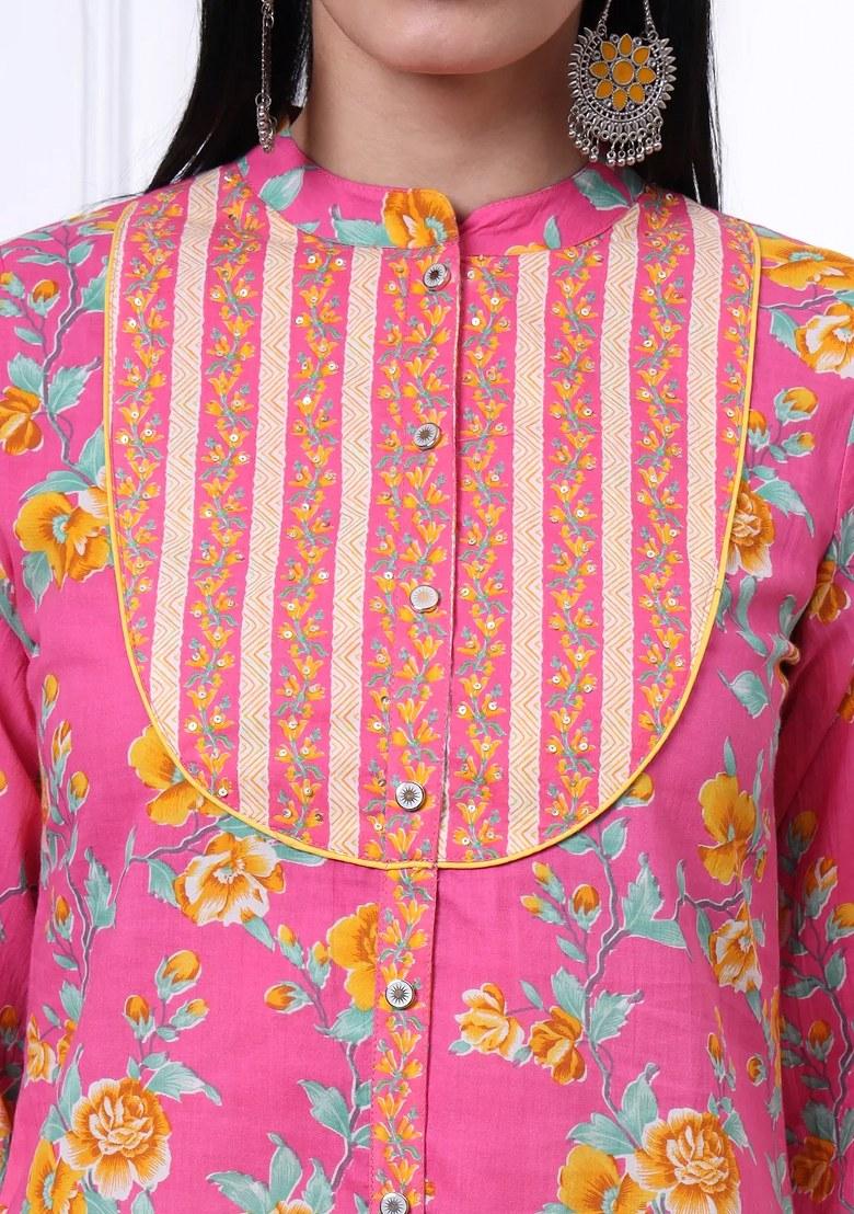 Pink Floral Print Cotton Kurta Dupatta Set - Indya