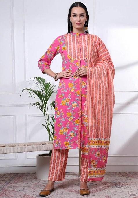 Pink Floral Print Cotton Kurta Dupatta Set