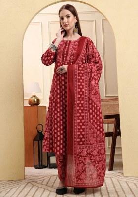 Maroon Floral Print Cotton Kurta Dupatta Set