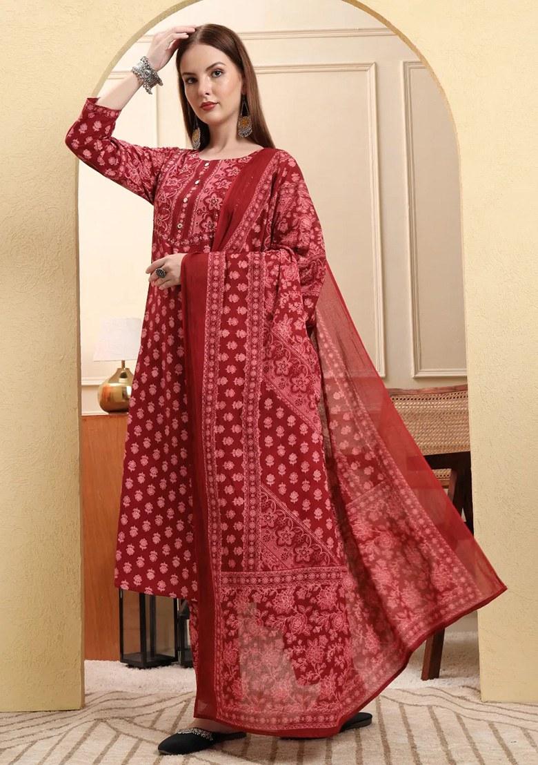 Maroon Floral Print Cotton Kurta Dupatta Set - Indya