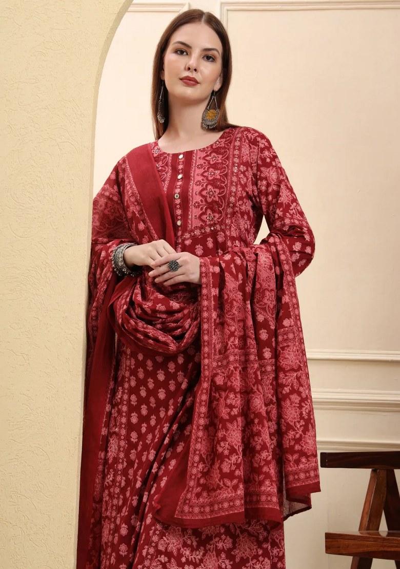 Maroon Floral Print Cotton Kurta Dupatta Set - Indya