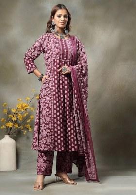 Purple Printed Cotton Kurta Dupatta Set
