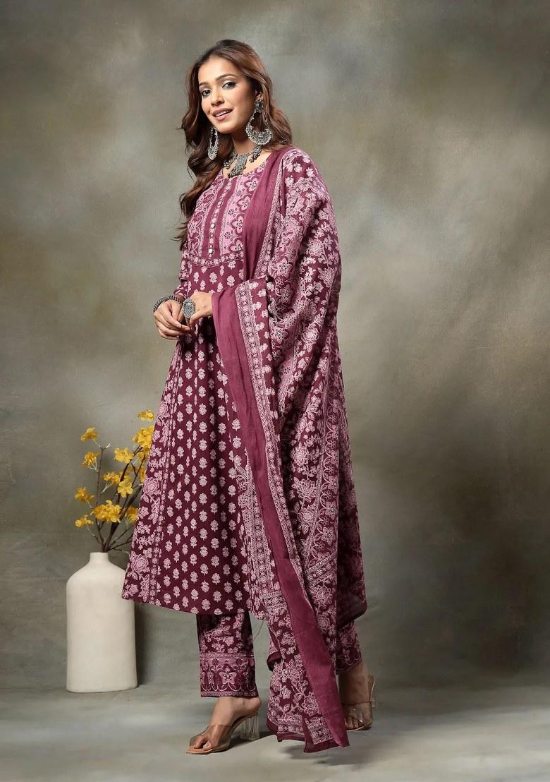 Purple Printed Cotton Kurta Dupatta Set - Indya