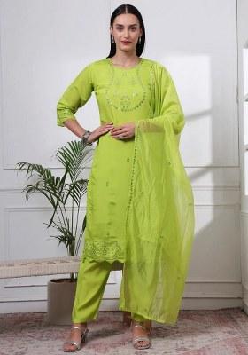 Lime Green Motif Silk Blend Kurta Dupatta Set