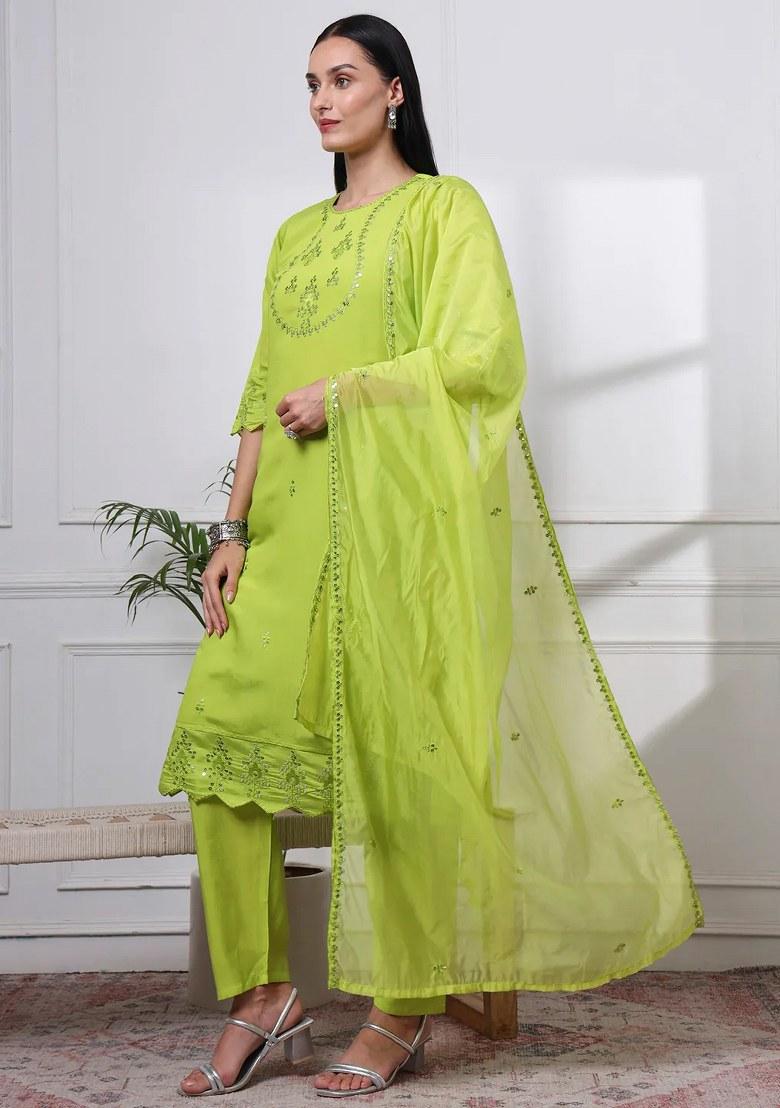 Lime Green Motif Silk Blend Kurta Dupatta Set - Indya