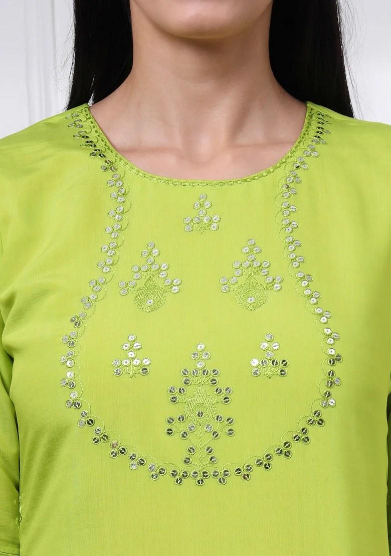 Lime Green Motif Silk Blend Kurta Dupatta Set - Indya