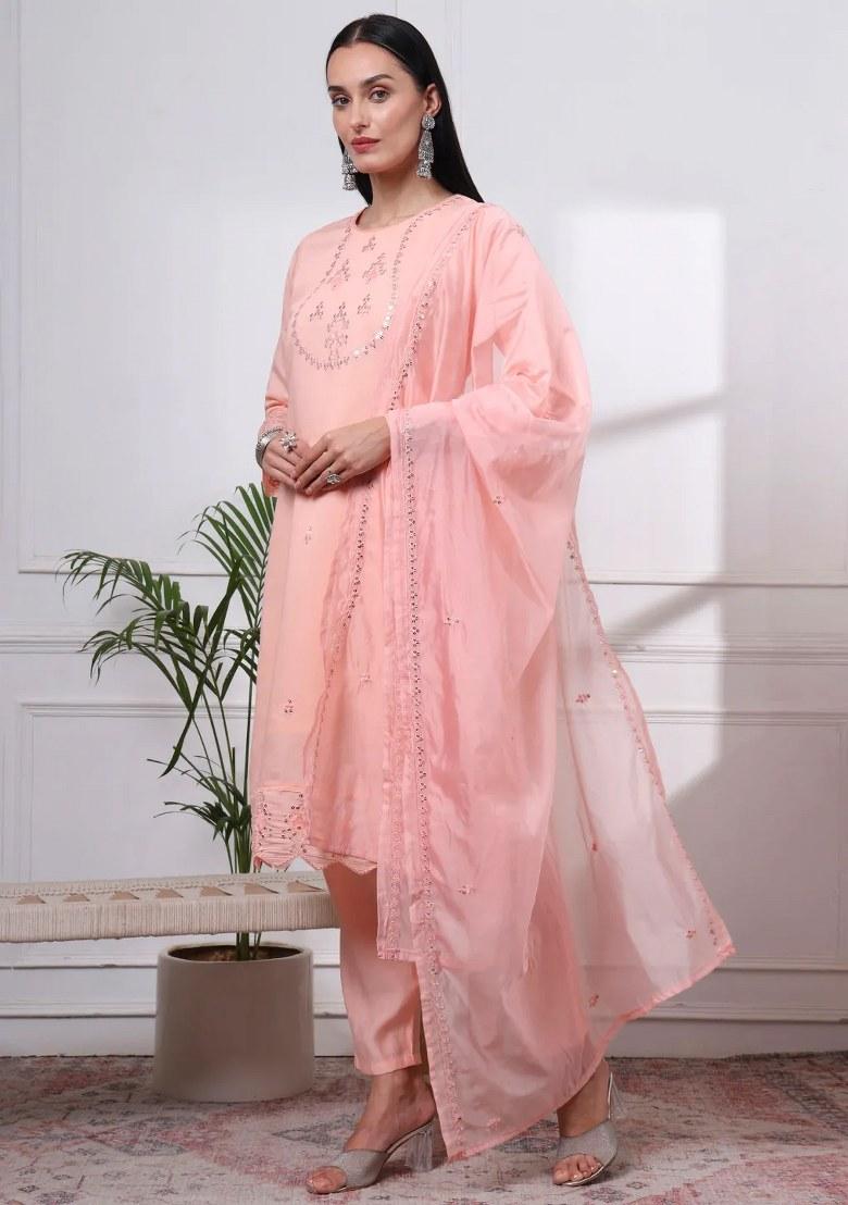 Peach Motif Silk Blend Kurta Dupatta Set - Indya