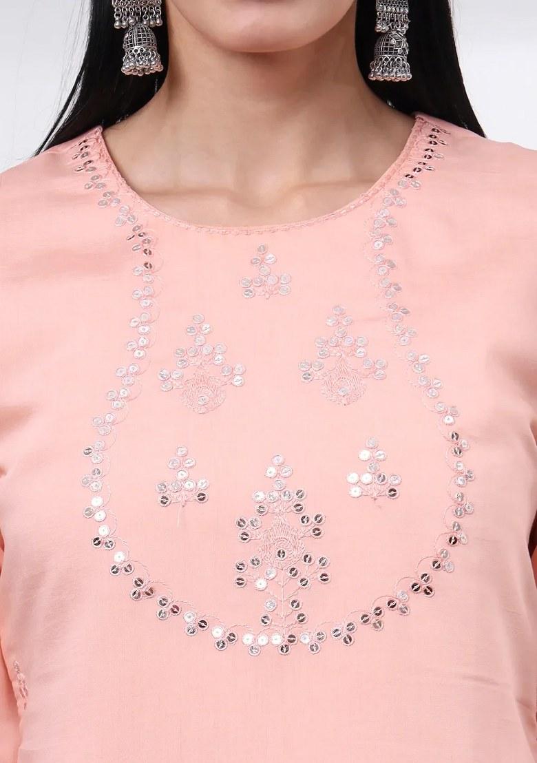 Peach Motif Silk Blend Kurta Dupatta Set - Indya