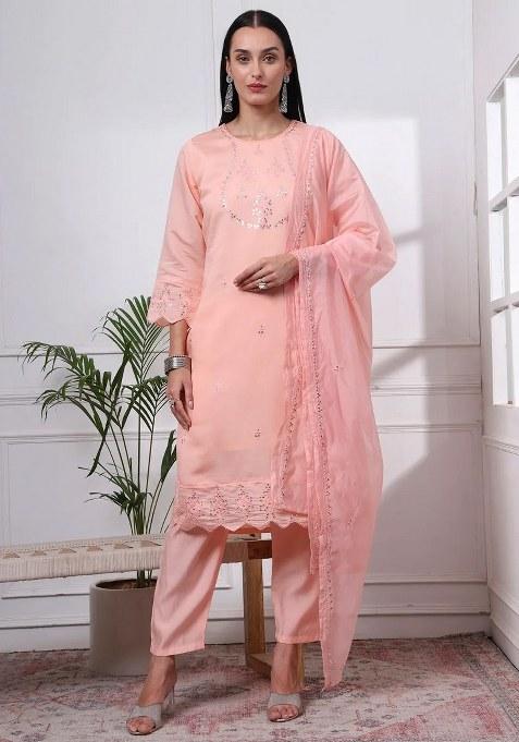 Peach Motif Silk Blend Kurta Dupatta Set