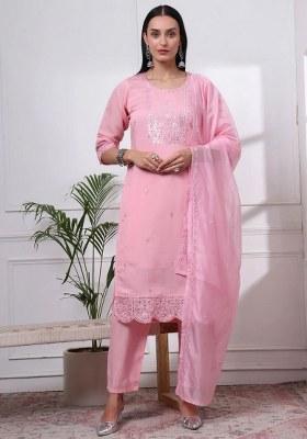 Pink Motif Silk Blend Kurta Dupatta Set