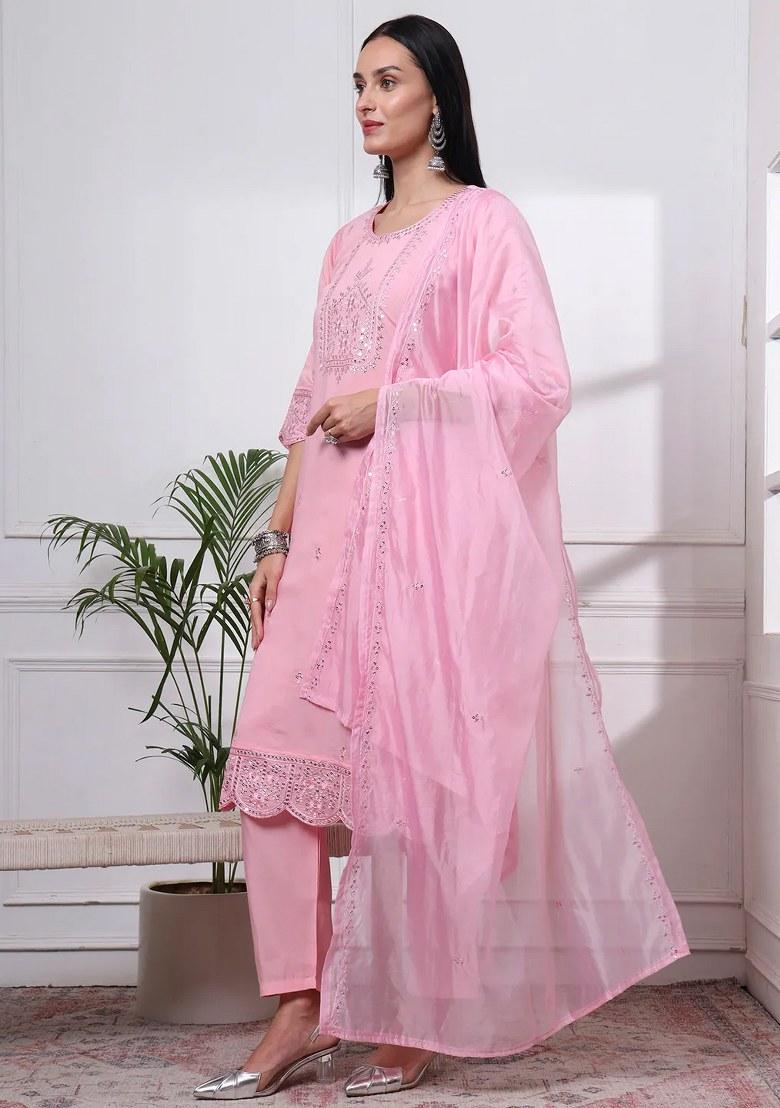 Pink Motif Silk Blend Kurta Dupatta Set - Indya