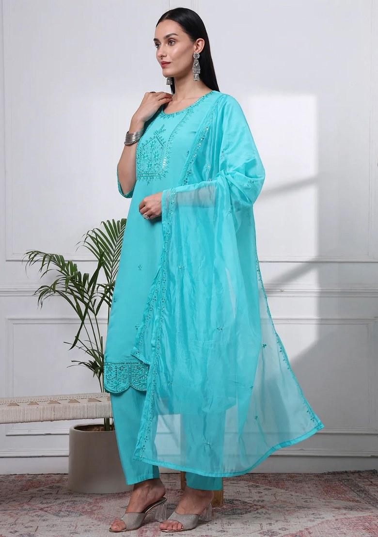 Sea Green Motif Silk Blend Kurta Dupatta Set - Indya