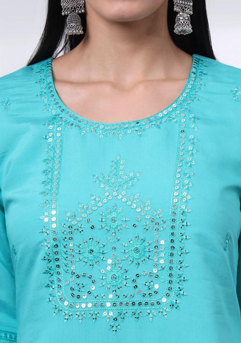 Sea Green Motif Silk Blend Kurta Dupatta Set - Indya