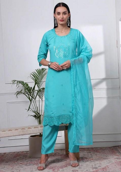 Sea Green Motif Silk Blend Kurta Dupatta Set