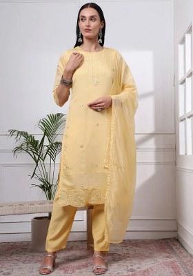 Butter Yellow Motif Silk Blend Kurta Dupatta Set