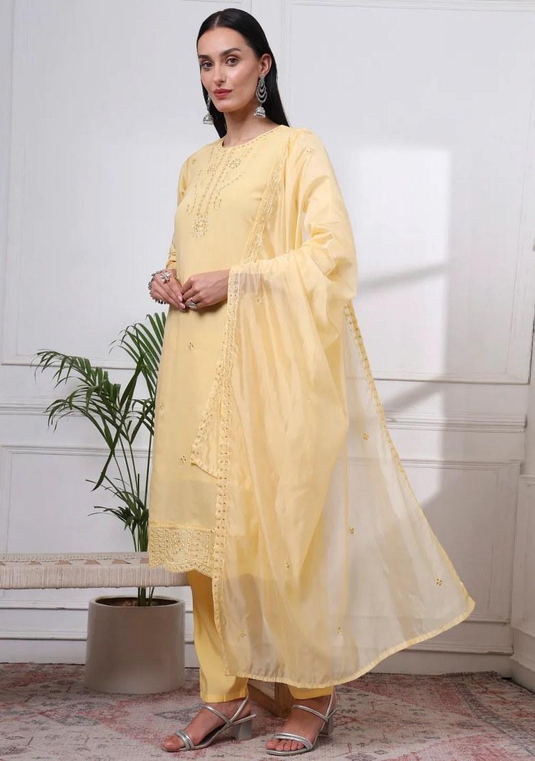 Butter Yellow Motif Silk Blend Kurta Dupatta Set - Indya