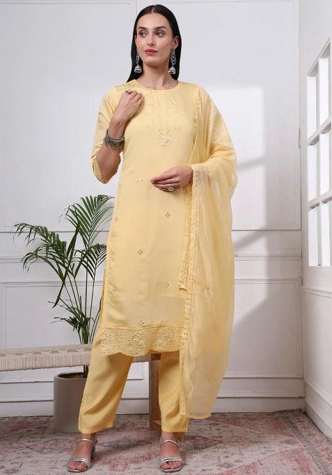 Butter Yellow Motif Silk Blend Kurta Dupatta Set