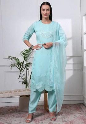 Sky Blue Motif Silk Blend Kurta Dupatta Set